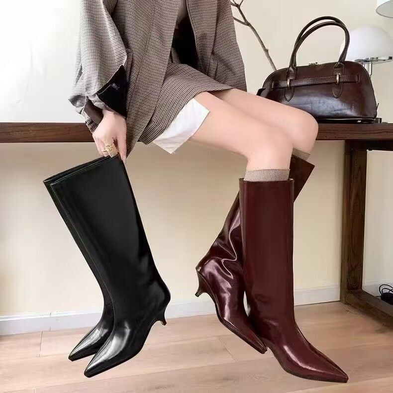 2025 New Autumn and Winter Boots, Pointed Toe Stiletto Heels, Small Heel Boots, Knee-High Boots, High-Leg Pants Boots, Short Slim Boots