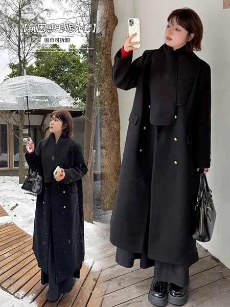 Inno Plus-Size Women's Elegant Black Woolen Coat Winter Hepburn Style Long Trench Coat 413628