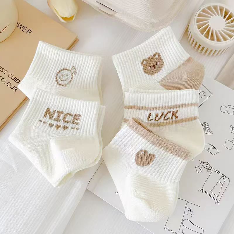 Calcetines para mujer, calcetines de moda, oso de boca baja, lindos calcetines japoneses de algodón de tubo corto, malla deportiva, calcetines de barco transpirables finos