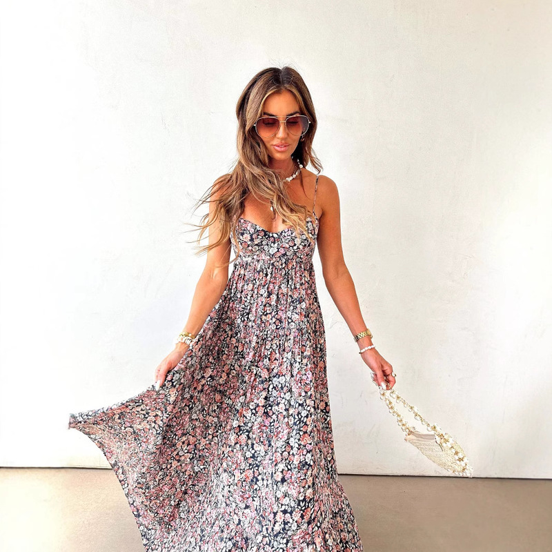 2025 European and American Cross-Border Amazon Fashion Women's Printed Sexy Back Button Backless Suspender Floral Large Hem Dress