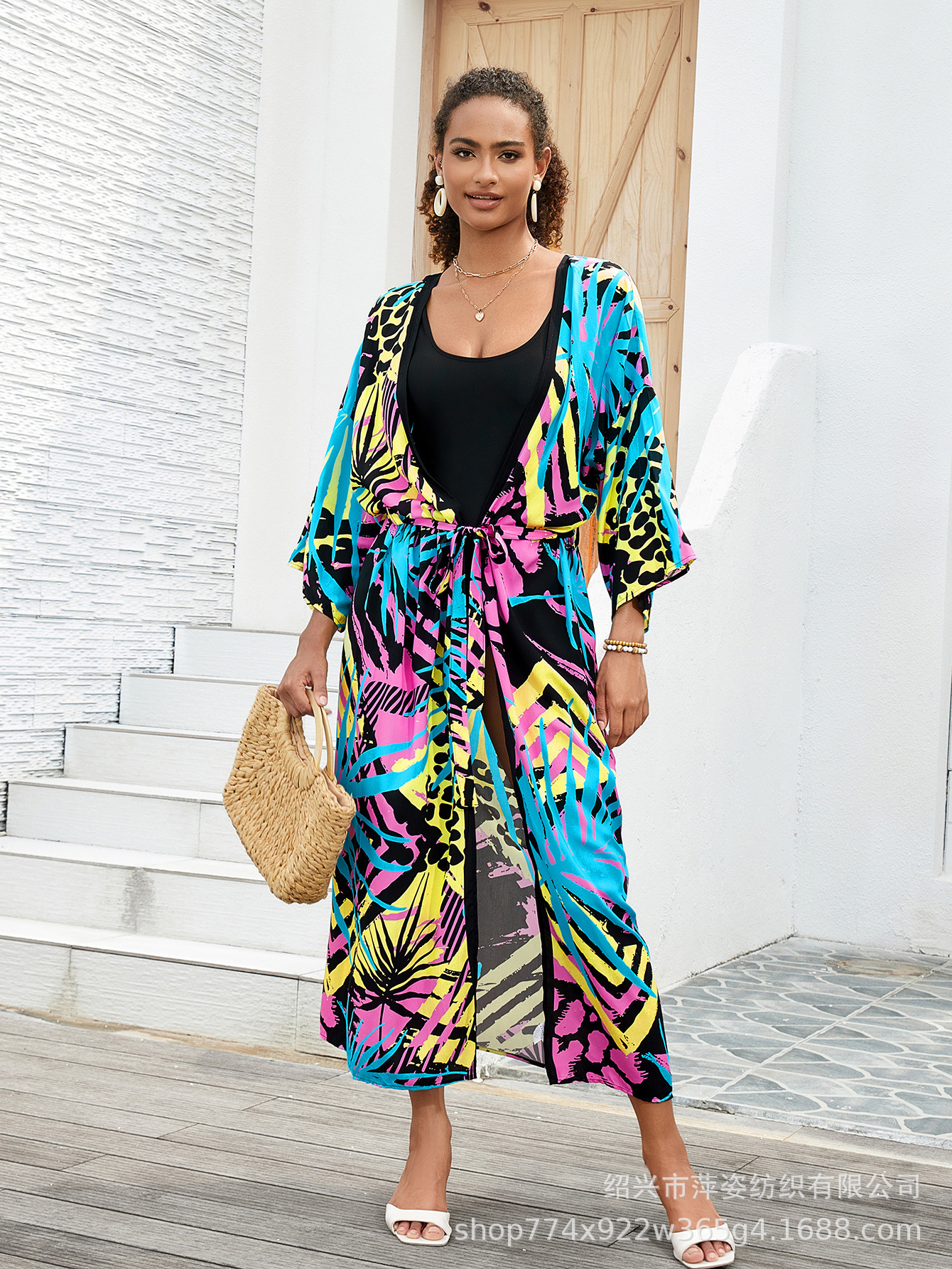 Blusa de playa Cárdigan con estampado de rayón Cárdigan largo bohemio Bikini Protector solar Camisa en traje de baño B006