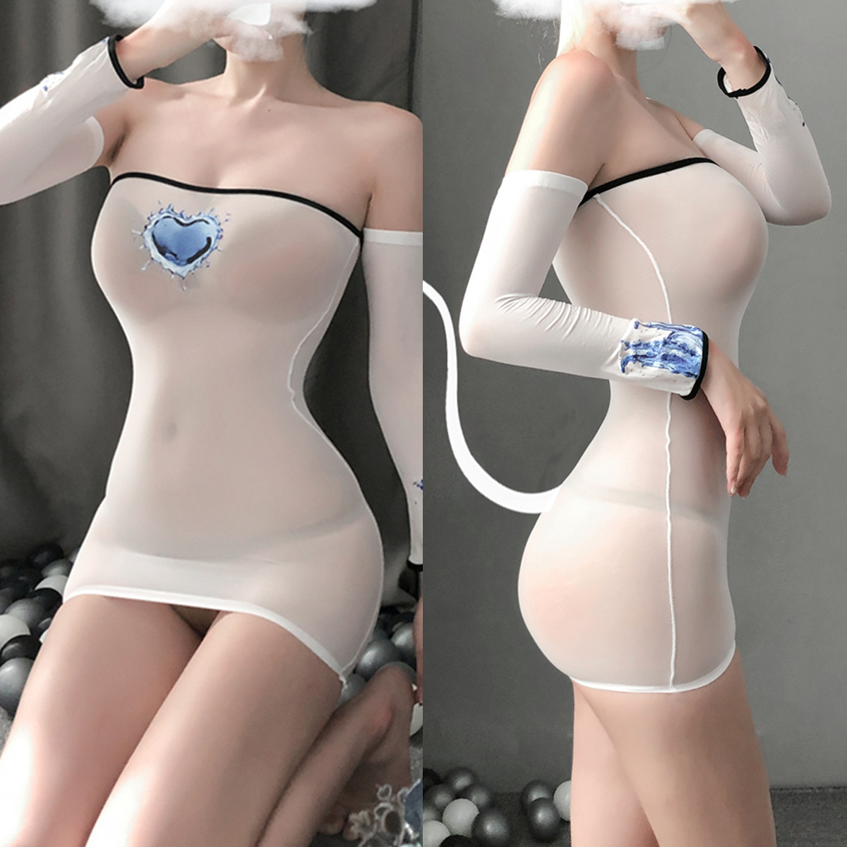 Nueva lencería sexy falda de la cadera de las mujeres impreso split de una pieza medias transparente traje de manga larga Generación de pelo