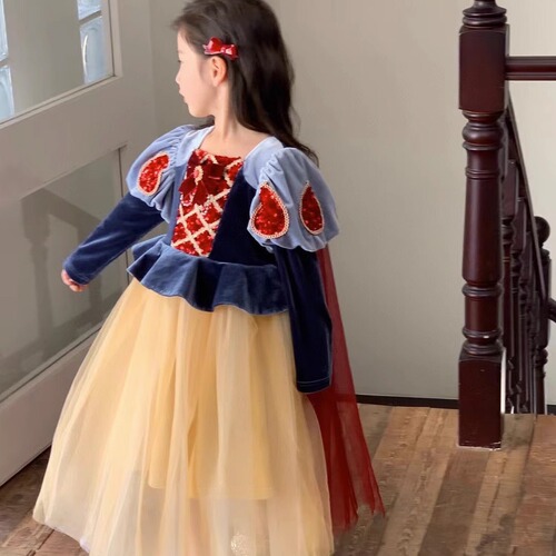 Baby Girl Disney 1st Birthday High-Quality Pom-Pom Dress Gown for Girls, Snow White Dress Autumn Clothes for Children