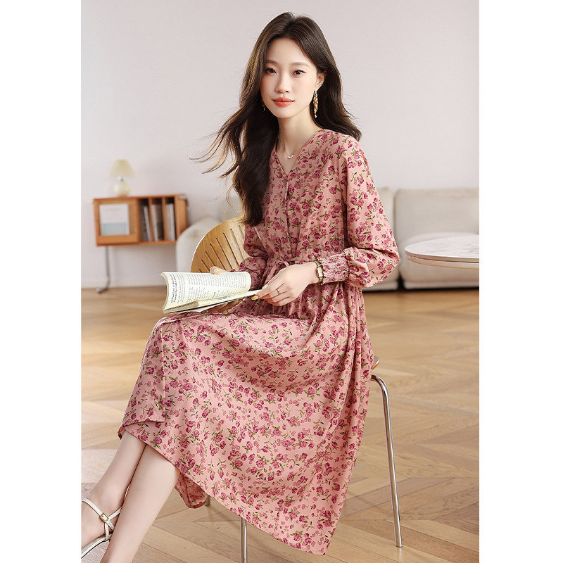 长袖粉色碎花连衣裙女2025秋季法式高级感收腰过膝V字领中长裙子|undefined