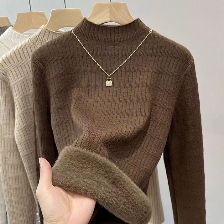 Otoño y invierno nuevo estilo coreano versátil camiseta de base de cuello medio alto con una camiseta de lana de color sólido y suéter de punto de lana para mujeres