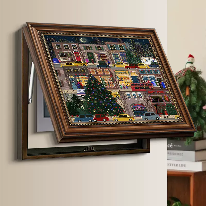 圣诞节日挂画遮挡配电箱电表盒复古法式中古插画北欧风街景装饰画