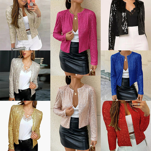 Women's Spring European and American Round Neck Long Sleeve Solid Color Cardigan Casual Stylish Shimmer Jacket