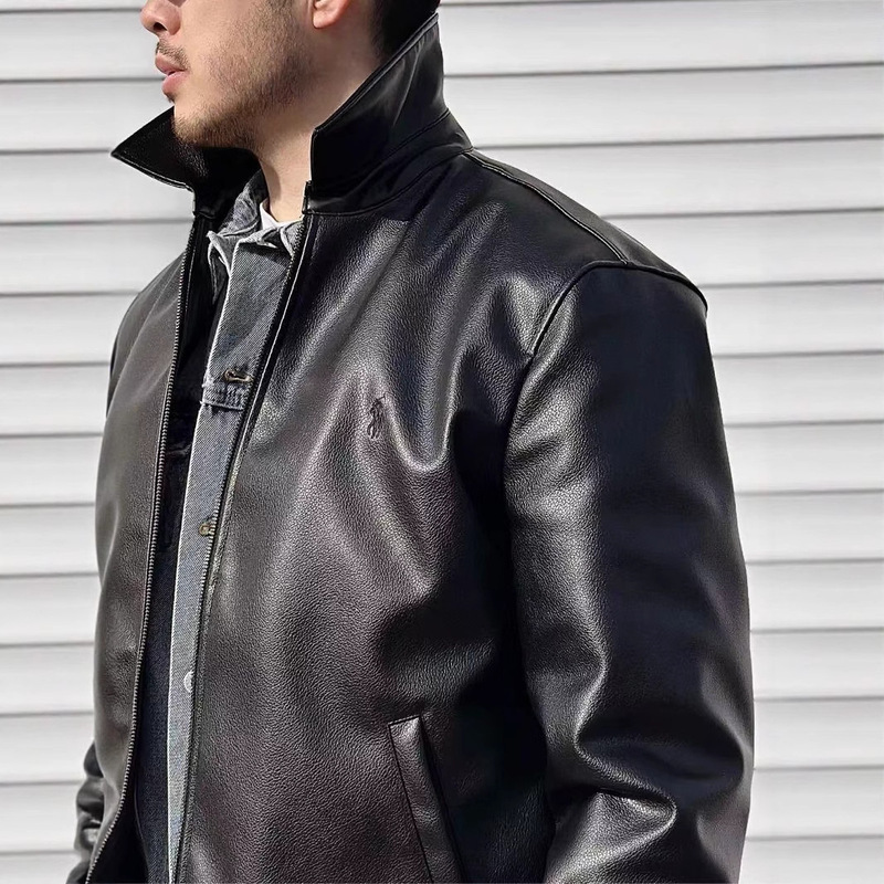 Cross-Border Dropshipping Rl Pony Battle Horse Embroidered Polo Zipper Pure Color Lapel Long-Sleeved Leather Jacket