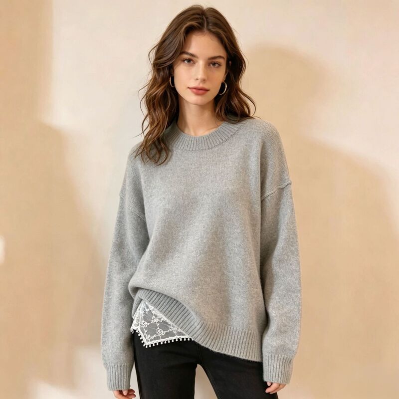Cross-Border Women's Loose Round-Neck Knitted Sweater, Drop-Shoulder Solid Color Basic Pullover, Everyday Casual Layering Top Cross-Border Women's Loose Round-Neck Knitted Sweater, Drop-Shoulder Solid Color Basic Pullover, Everyday Casual Layering Top