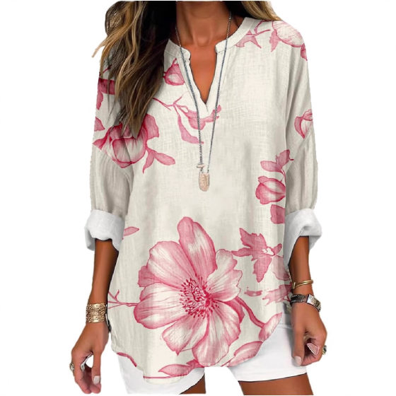 New Hot Selling Women's Clothing European and American AliExpress Amazon Floral Style Digital Printed Long Sleeve V-Neck Shirt 5850