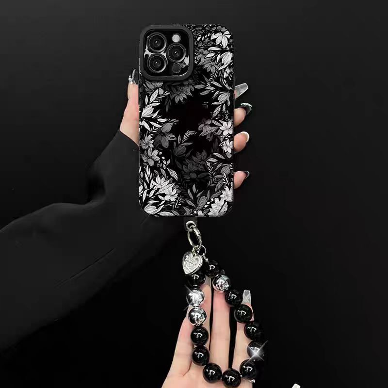 黑白花丛适用苹果16promax手机壳iphone15pro灰翻毛皮轻奢高级感|undefined