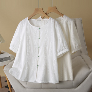 plus size Women's Embroidered Shirt Short-sleeved Elegant Crewneck New Chinese Cardigan 2025 Summer Cotton Shirt Fat Girl Shirt 2508