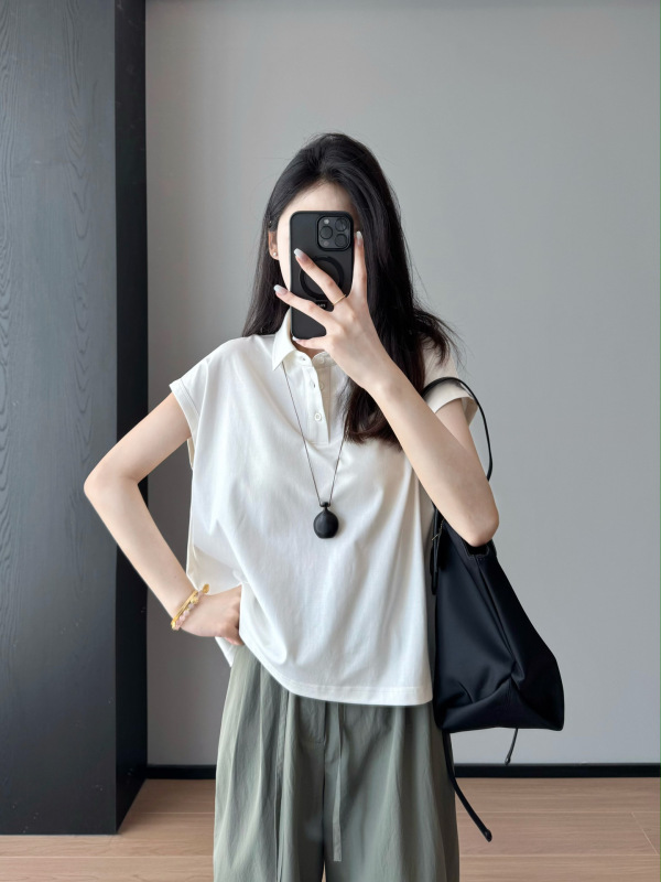 クラシックMIUシリーズ~カスタムコットンラペルハーフカーディガンラグランスリーブ無地気質半袖Tシャツレディース夏25|undefined
