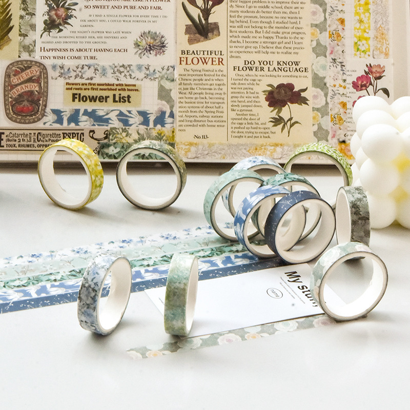 Flores de primavera, flores literarias románticas, flores frescas, flores pastorales, 5 rollos y cinta de papel, pegatinas de material de cuentas a mano combinadas