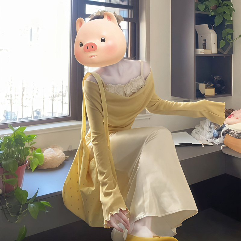 立体黄色花朵假两件荡领长袖T恤女春季2025新款设计感纯欲风上衣|undefined