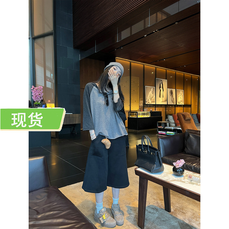 欧阳大口袋七分裤女秋季宽松运动短裤直筒阔腿裤美式复古裤子|undefined