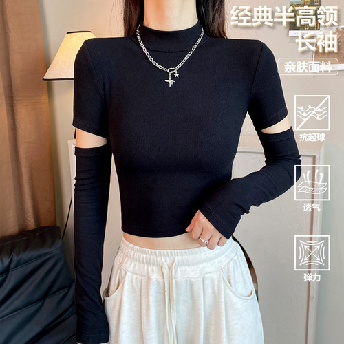 Threaded black navel half-high-neck bottomed shirt for women in autumn and winter with a foreign-style design long-sleeved slim top