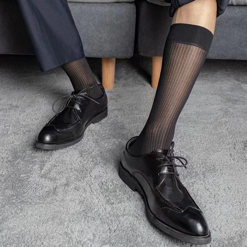 Socks Men's Summer Pinstriped Black Men's Business Dress Stockings Medium Stockings Japanese Nylon Suit Silk