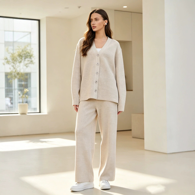 European and American Cross-Border Sweater Set for Women, Autumn and Winter Loose Lazy Style V-Neck Knitted Cardigan Top and Wide-Leg Long Pants Two-Piece Set