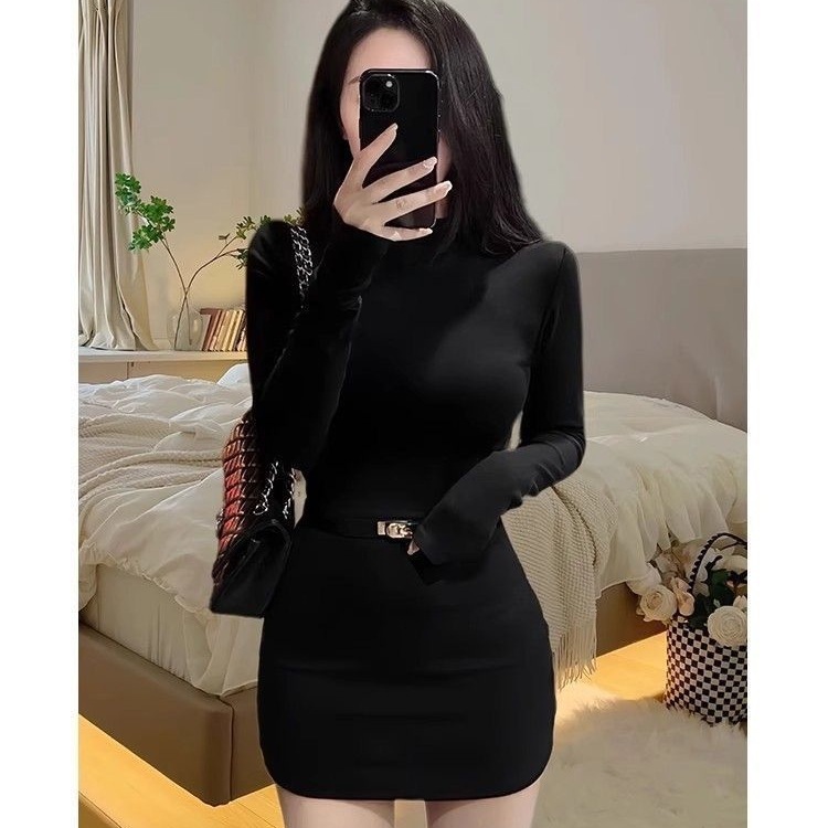 纯欲辣妹半高领长袖黑色连衣裙秋冬新款修身包臀显瘦打底裙子短裙|undefined