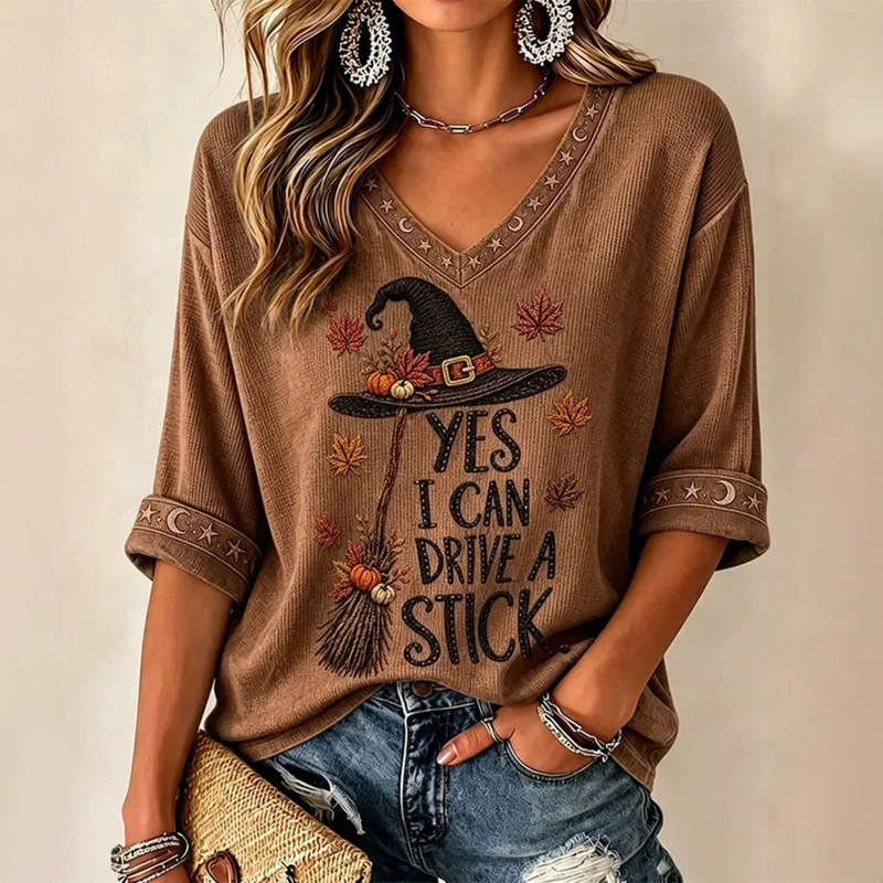 2026 cross-border e-commerce Amazon summer new collection: Halloween witch hat print V-neck short-sleeve T-shirt for women