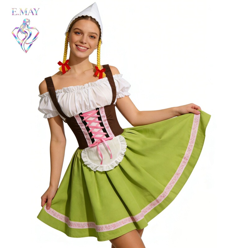 S-3Xl German Oktoberfest Dirndl Dress Pink and Green Color-Blocking Ethnic Style Bar Stage Performance Outfit