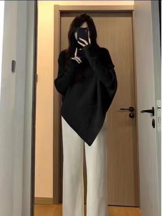 Suéter de punto suave estilo coreano 2023, holgado y informal, grueso, de cuello alto irregular, de color liso para mujer, ropa interior de otoño. image 9