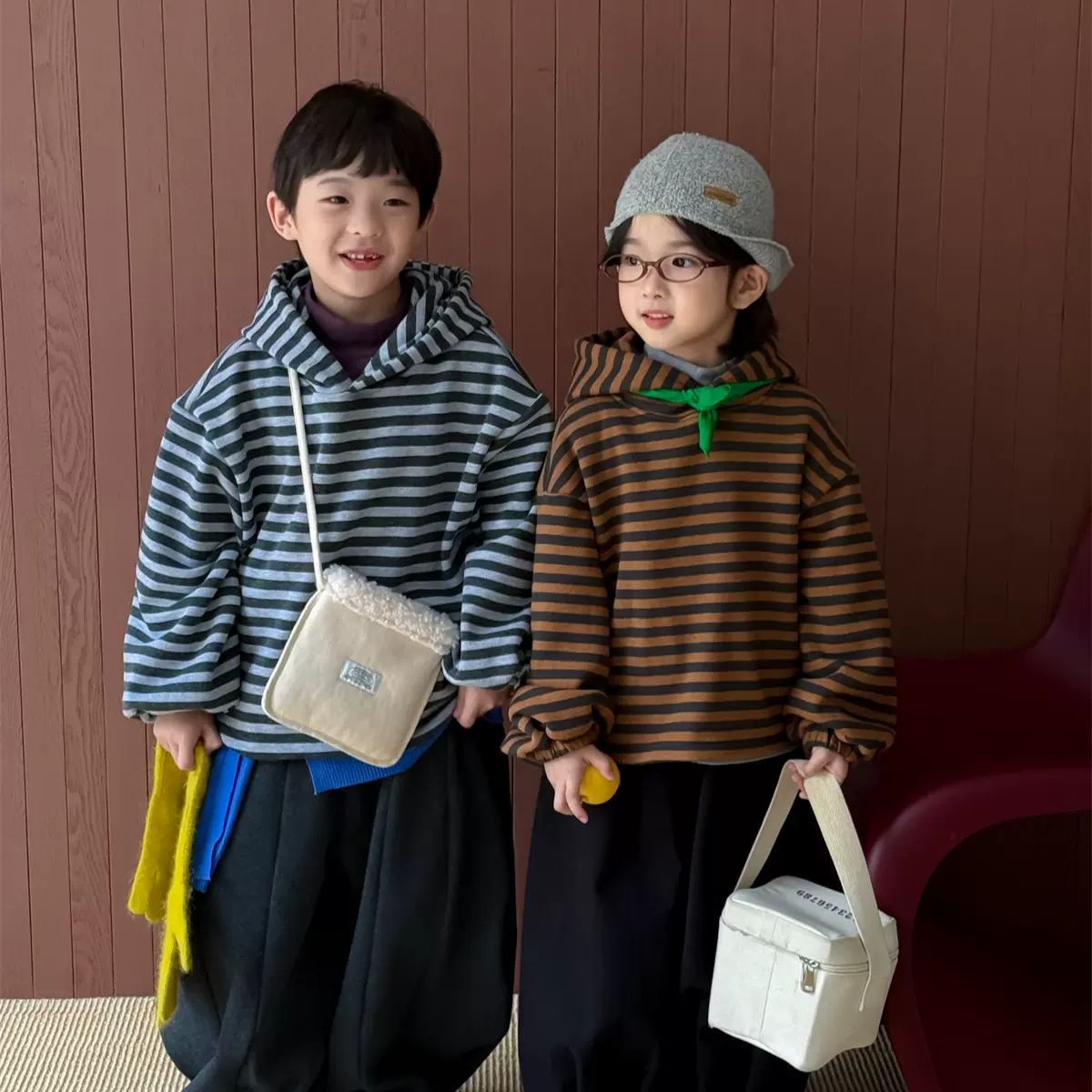 奶酪与喵男童条纹加绒卫衣2025冬款加厚绒锁温连帽款校园百搭上衣