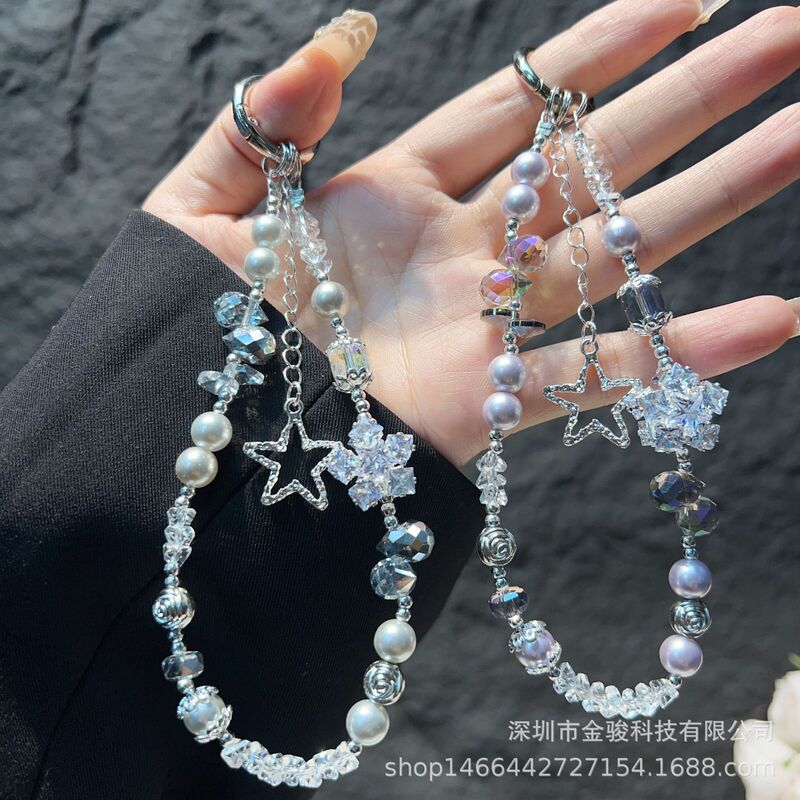 Double-sided zircon snowflake phone chain, ins-style pentagram pendant, crystal beaded phone case hanging chain wholesale Double-sided zircon snowflake phone chain, ins-style pentagram pendant, crystal beaded phone case hanging chain wholesale