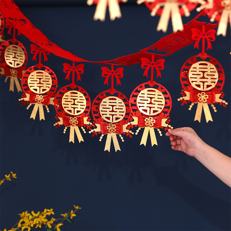 Wedding room decoration, bride's bedroom, living room, wedding decoration, new house, ceiling decoration, double happiness character, floral decorations set, wedding supplies