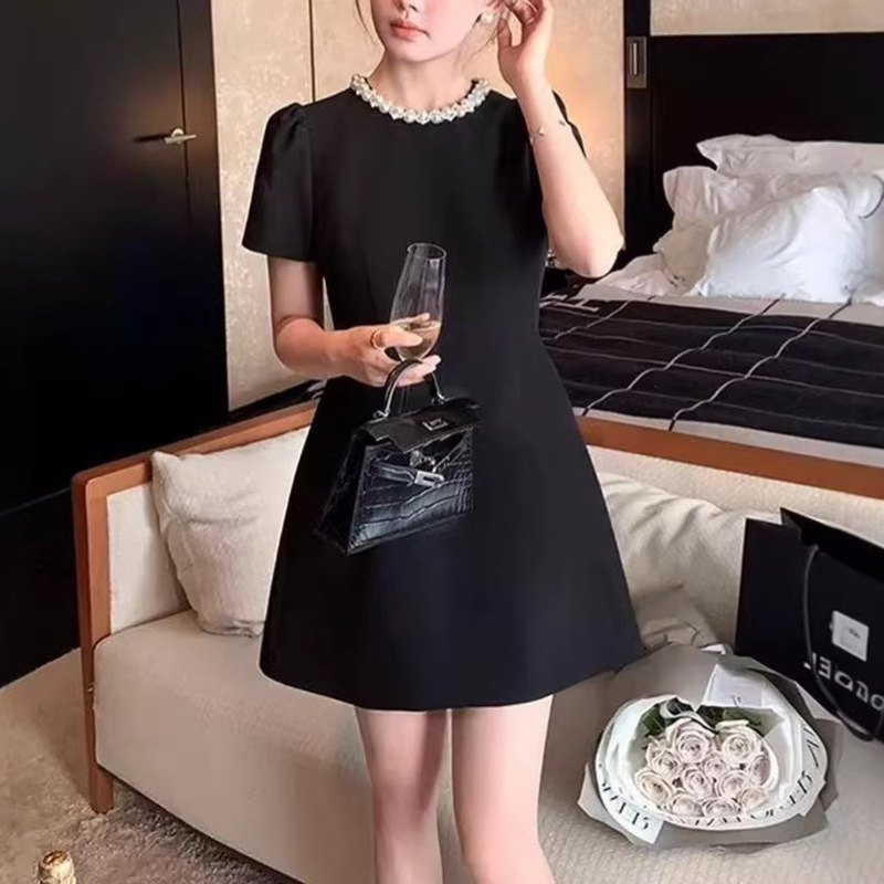 French Retro Hepburn Style Short-Sleeved Dress for Women, Summer High-End Formal Occasion Dress for Socialites, Birthday Party Dress