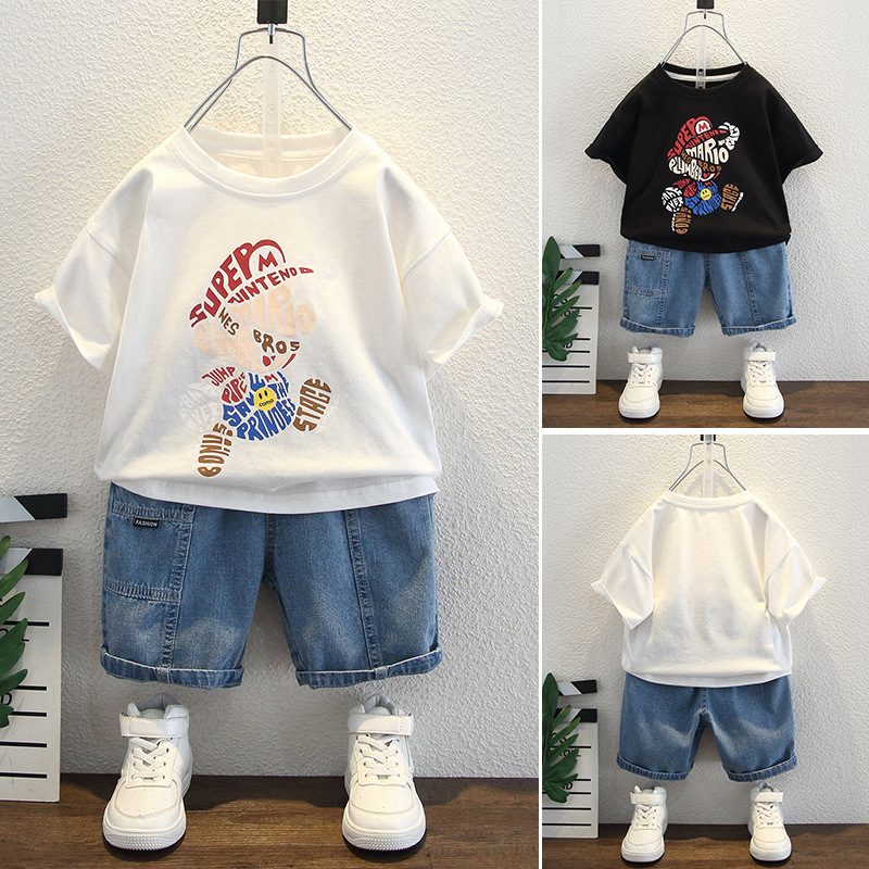 8020 niños pequeños y medianos estilo occidental cuello redondo manga corta T traje verano niño coreano casual de dos piezas chaqueta de media manga