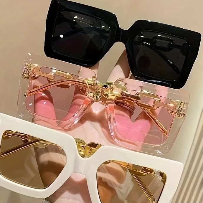 新款跨境链条防紫外线墨镜 欧美时尚方框女高级感太阳镜厂家直销
