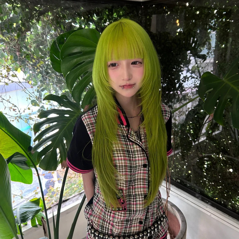 【Xiaochun Xingye】Women's Wig with Bangs, High-Length Straight Hair, Mustard Green, Yabi Style, Natural Full Head Cover