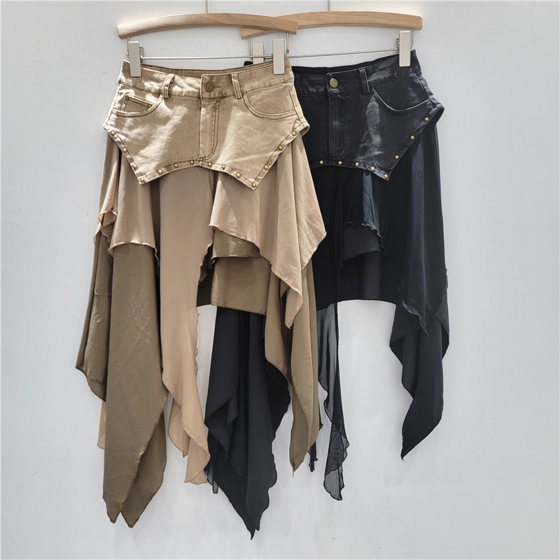 Unique Design European and American Heavy-Duty Irregular Ruffle Chiffon Splicing Stretch Denim Slim Versatile Midi Skirt