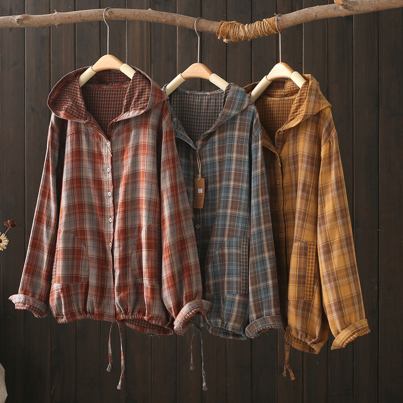 2026 Autumn New Plaid Print Hooded Loose Women's Thin Jacket Wholesale Double Yarn
