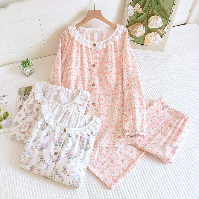 Lace Crewneck Chest Pad with Breastfeeding Mouth suit Cotton Double Gauze Long Sleeve Trousers Thin Breastfeeding Clothes