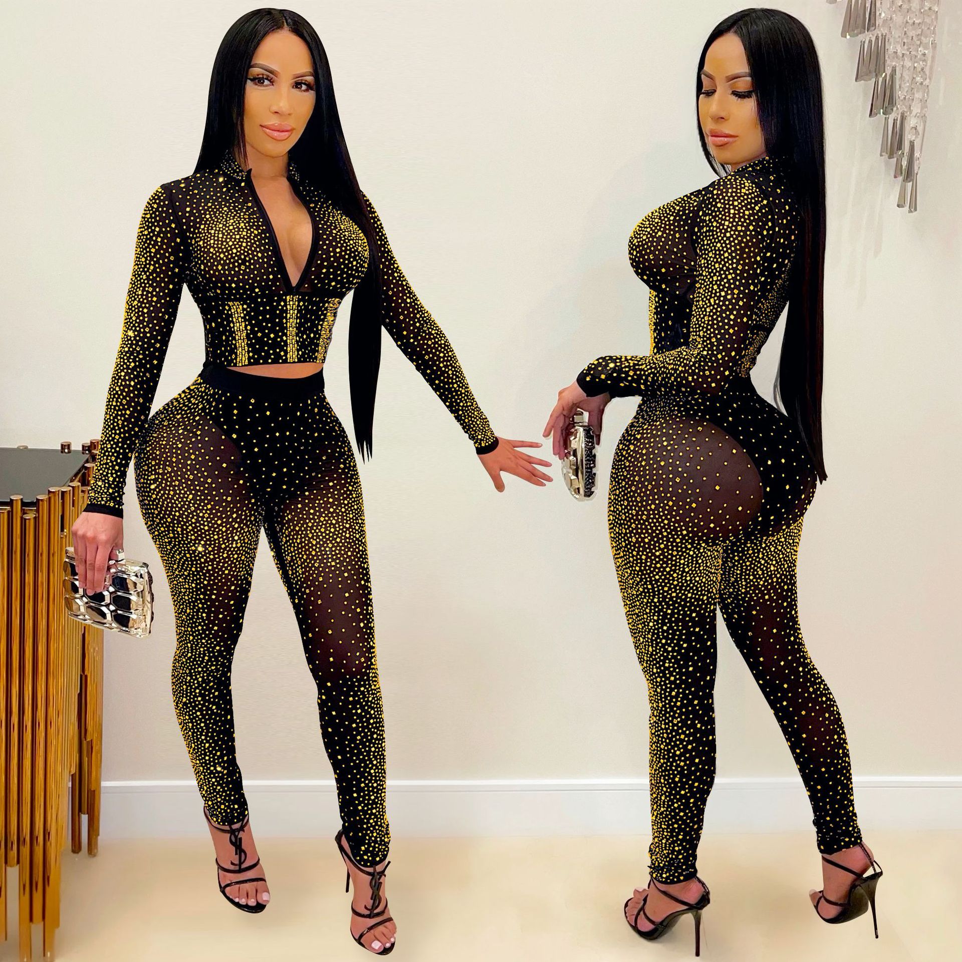 X5206 AliExpress Amazon moda europea y americana nueva discoteca caliente rhinestone cuello en V pantalones de manga larga traje de dos piezas de las mujeres