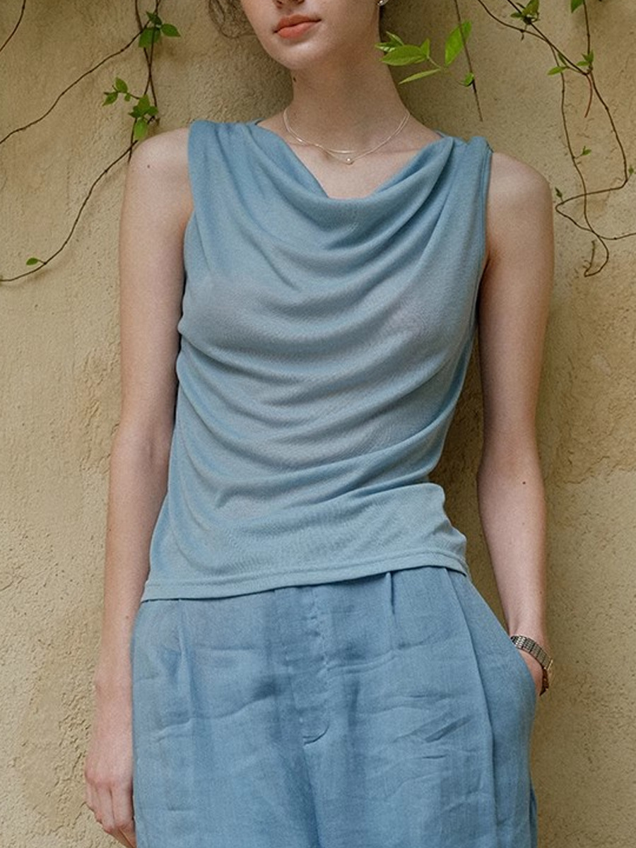 Áo hai dây nữ satin cổ sơ mi xếp cọc mềm mại — Xanh ô liu, Màu xanh lam