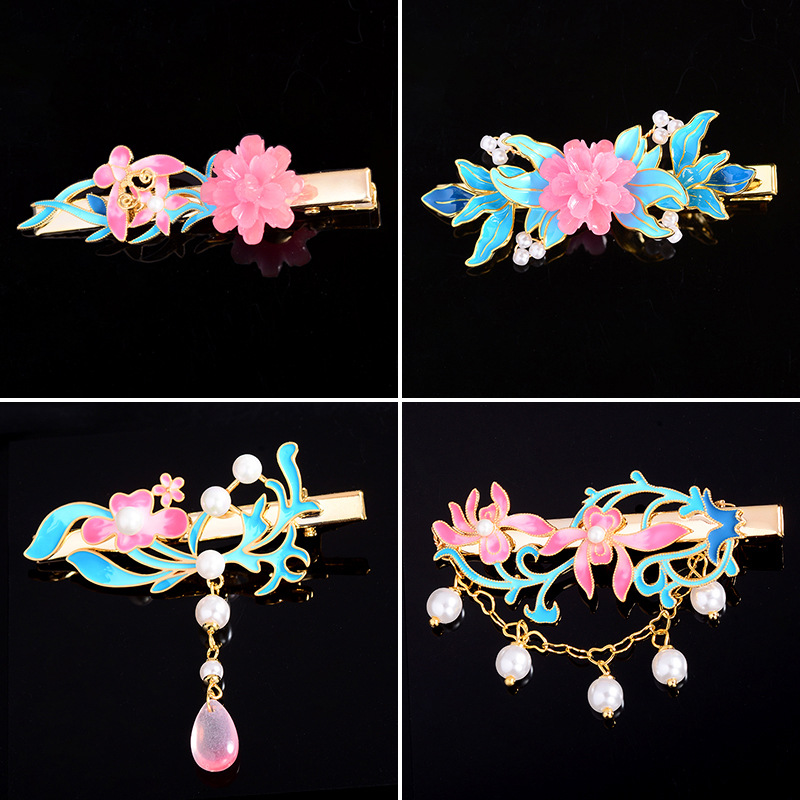 Antique Hanfu Pendant Flower Duckbill Clip New Tang Style Enamel Painted National Fashion Hairpin Exquisite Accessories Headwear for Women