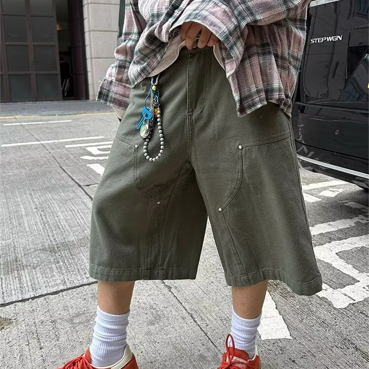 Summer Men's Simple Solid Color Trendy Brand Cargo Pants American Retro Elastic Waist Casual Shorts Loose Five-Point Shorts