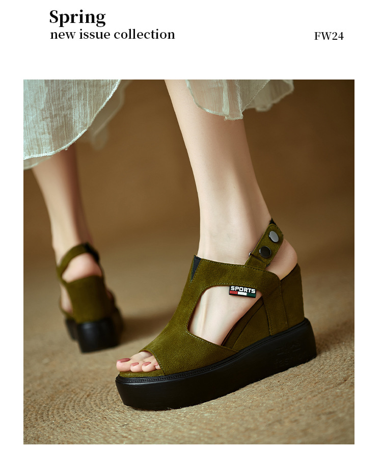 Sandal cao gót nữ hở mũi đế xuồng tăng chiều cao, phong cách La Mã, gót 9 cm — màu đen, xanh lá cây chi tiết 10