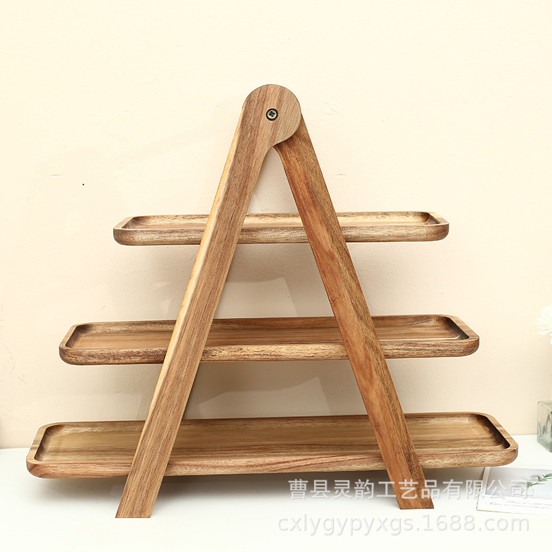 Bandeja de madera estante de picnic madera de acacia tres capas estante de almacenamiento olla caliente restaurante escritorio ingredientes vegetales estante de almacenamiento plegable