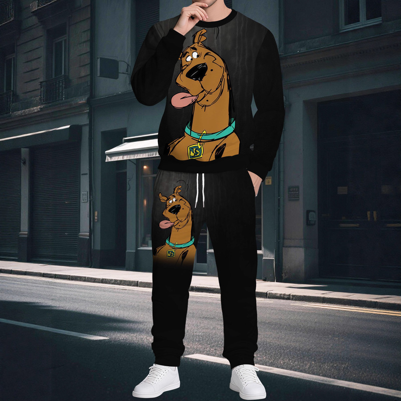 Autumn and Winter Style Scooby-Doo Childhood Memories Cartoon Print Long Sports Suit Round Neck Sweatshirt and Sweatpants Two-Piece Set