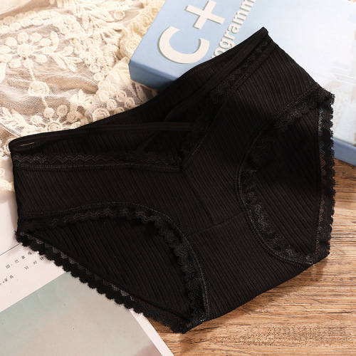 Japanese threaded student underwear girls' pure cotton low-waist lace edge hollow breathable cross strap briefs for women