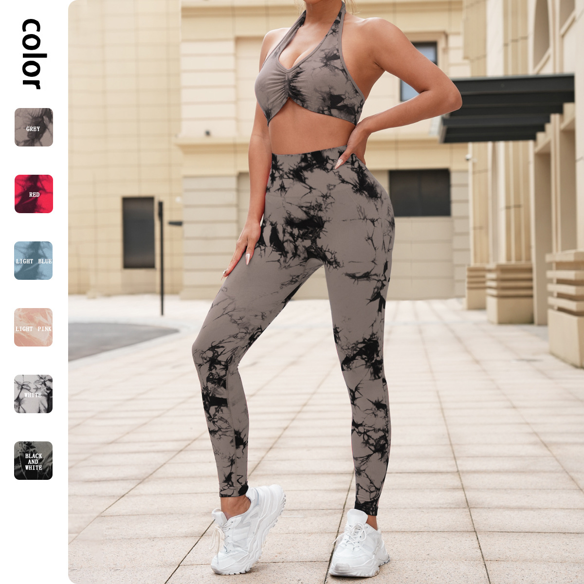 Pantalones de yoga de teñido anudado sin costuras transfronterizos europeos y americanos, trajes de ropa de yoga, mujeres, cuello halter sexy, sujetador deportivo sin espalda, pantalones de fitness