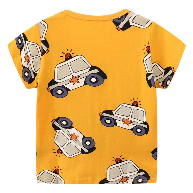 Nuevos productos de la marca europea y americana de ropa para niños pequeños y medianos 2025 verano nuevo patrón de camión de bomberos camiseta de manga corta para niños consignación