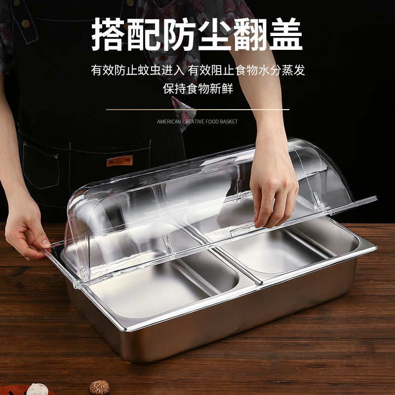 Platos de acero inoxidable de doble capa colocados en cabinas de exhibición de verduras frías con hielo, pastel de aislamiento frío, mesa de comedor a prueba de polvo y humedad