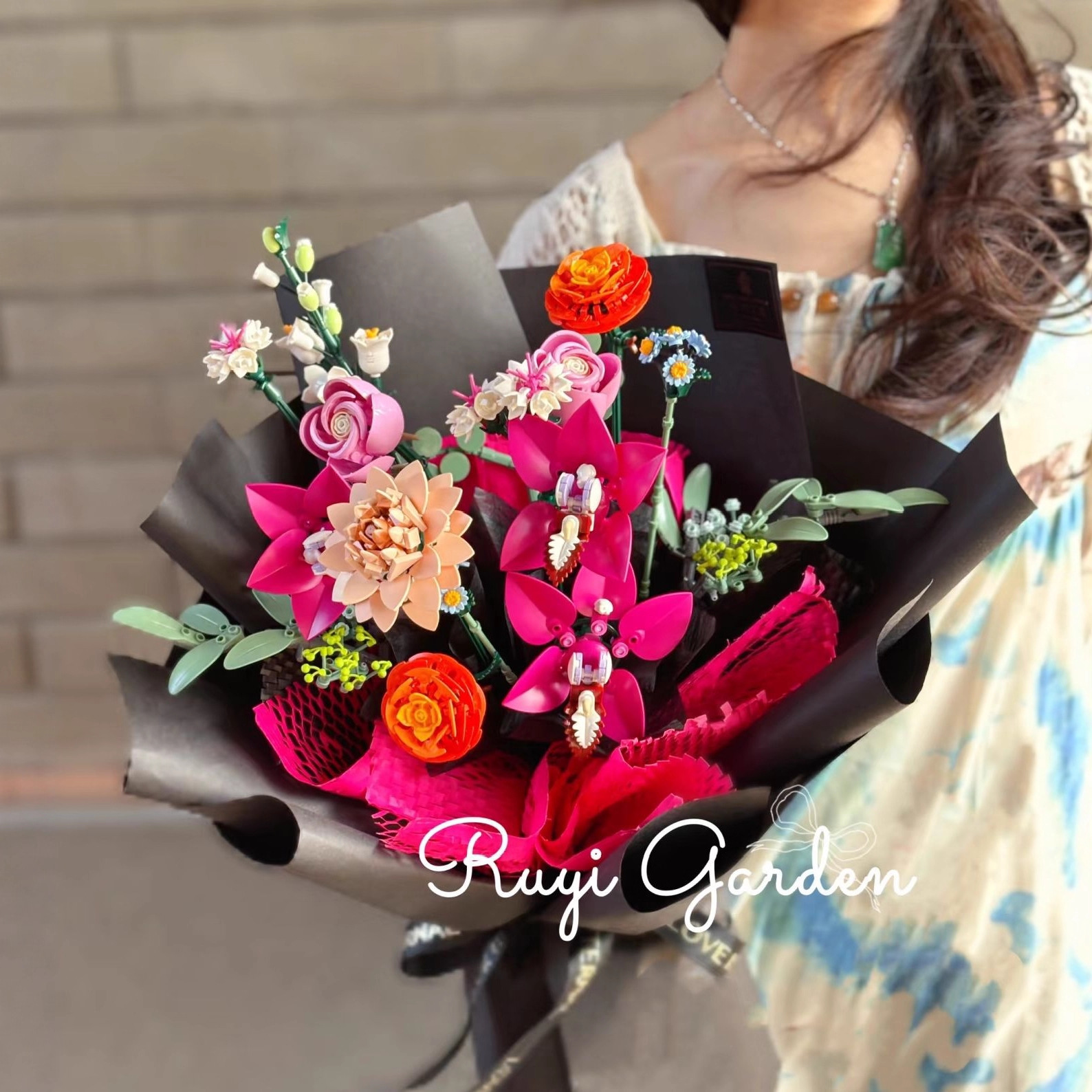 XH积木花情人节玫瑰花束小颗粒DIY拼装玩具七夕节日礼物花卉造型