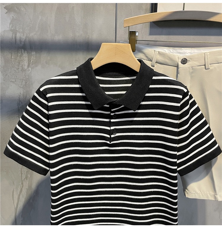 Men's Slim Fit Polo Shirt Striped Short Sleeve Ice Silk T-Shirt Business Casual Lapel Summer Top POLO Clothing_viptrois.com